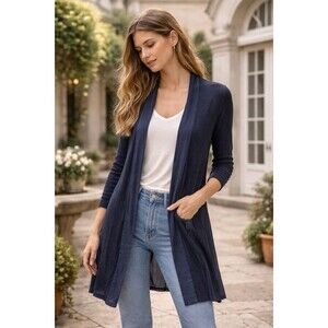 Eileen Fisher Linen Silk Longline Open Front Cardigan Sweater Blue Size Large